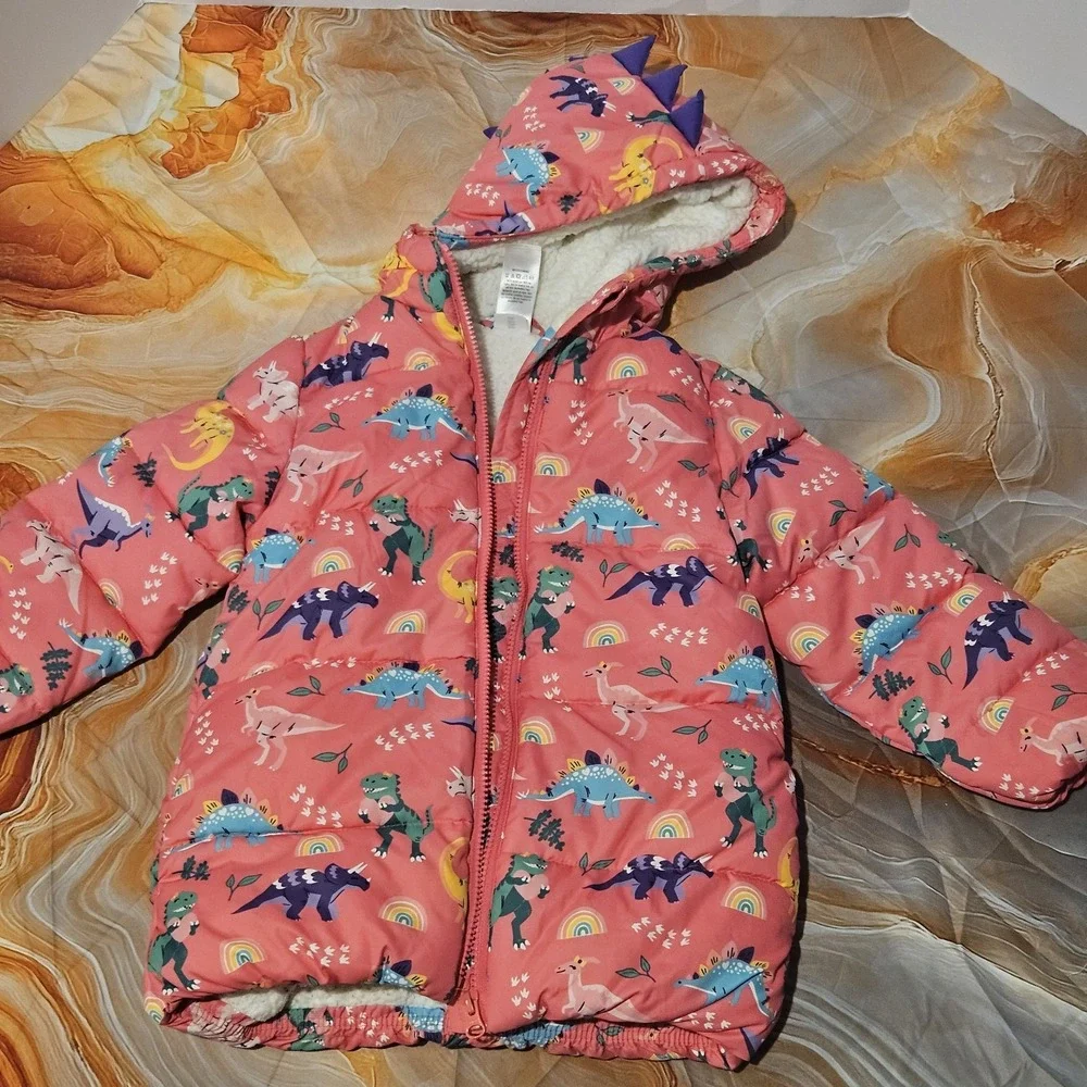 Gymboree Girls 5T Dinosaur Puffer Jacket Pink Hooded Sherpa Lined